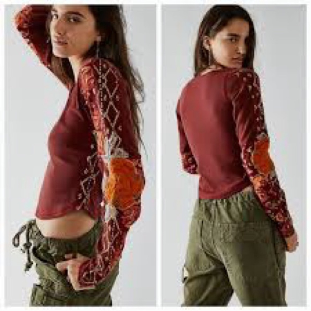 NWT | Free People | Amara Embroidered Sleeve V-Neck Top | Garnet Mix | XS